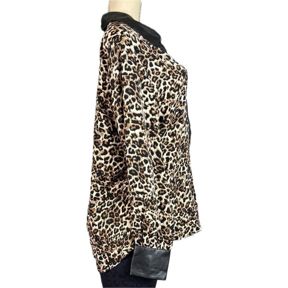 Ellen Tracy L Animal Print Button Collar Faux Leather Trim Long Sleeve Blouse - Picture 3 of 6